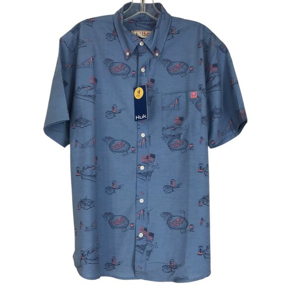 Huk Fishing Men Medium Shirt Americookin Kona Button Blue USA Flag Patriotic - Picture 1 of 12